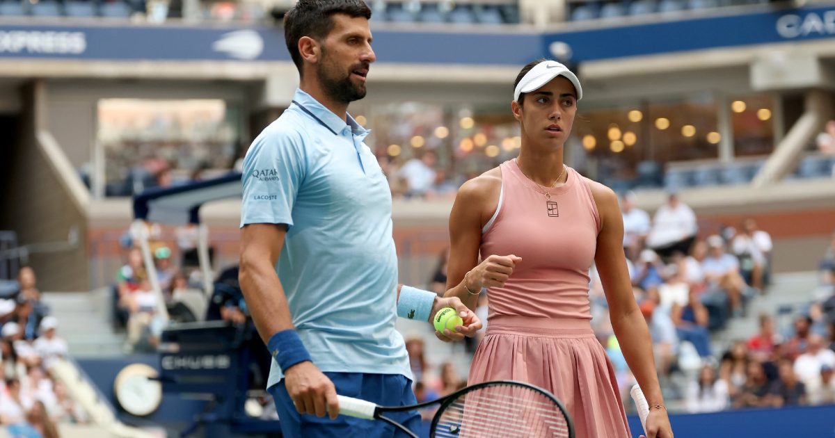 Novak Djokovic e Olga Danilovic na disputa de duplas mistas do US Open (Crédito: US Open Championship)